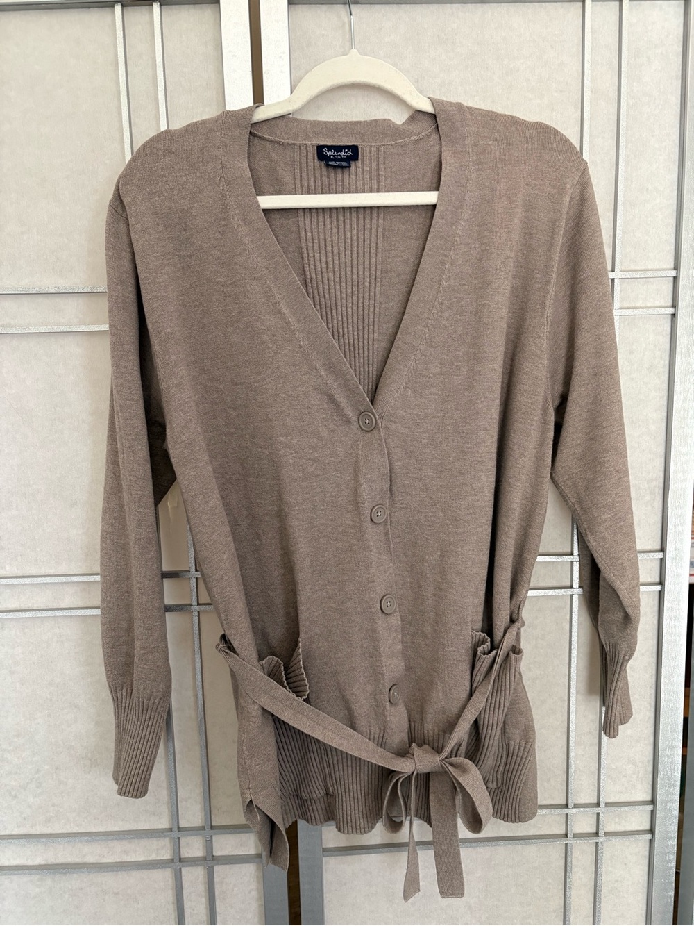 Splendid Taupe Tie-Waist V-Neck Button Cardigan